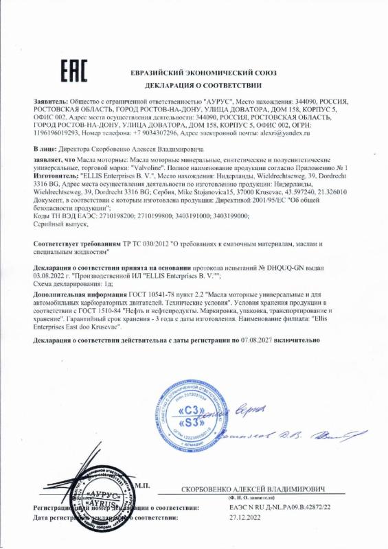 Декларация о соответствии (Масла моторные)